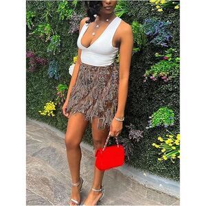 Boho Mini Skirt Fringe Fuzzy Skirt, LARGE, 7D-154B001